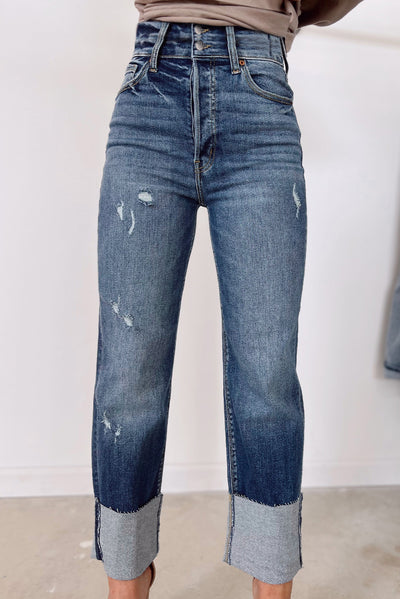 Blue High Waist Distressed Straight Leg Jeans-Bottoms-MomFashion