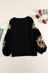 Black Floral Embroidery Long Sleeve Top-Tops-MomFashion