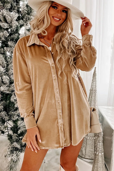 Light French Beige Velvet Button Front Shirt Mini Dress-Dresses-MomFashion