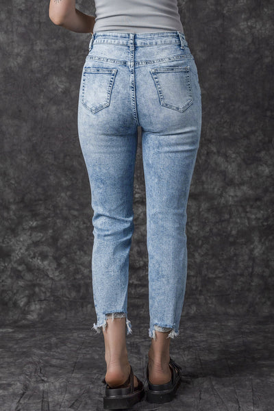 Sky Blue Acid Wash Distressed Slim Fit Jeans-Bottoms-MomFashion