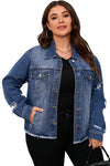 Dark Blue Plus Size Distressed Flap Pocket Denim Jacket-Plus Size-MomFashion