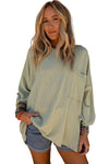 Green Ribbed Roll-tab Sleeve Chest Pocket Oversize Top-Tops-MomFashion