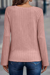 Pink Ribbed Round Neck Knit Long Sleeve Top-Tops-MomFashion