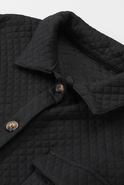 Black Retro Quilted Flap Pocket Button Shacket-Outerwear-MomFashion