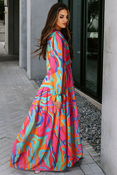 Multicolor Wild Lotus Ruffle Tiered Maxi Dress-Dresses-MomFashion