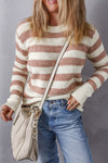 Brown Striped Round Neck Casual Sweater-Tops-MomFashion