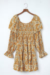 Yellow Boho Paisley Long Sleeve Floral Dress-Dresses-MomFashion