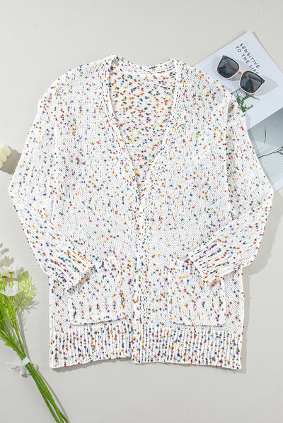 White Confetti Rib Knit Long Sleeve Cardigan-Sweaters & Cardigans/Cardigans-MomFashion