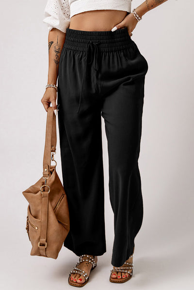 Black Drawstring Elastic Waist Casual Wide Leg Pants-Bottoms-MomFashion