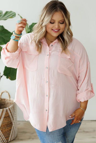 Pink Flap Pocket Tab Sleeve Button-Down Plus Size Shirt-Plus Size-MomFashion