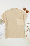 Oatmeal Patch Pocket Ribbed Knit Short Sleeve Sweater-Tops-MomFashion