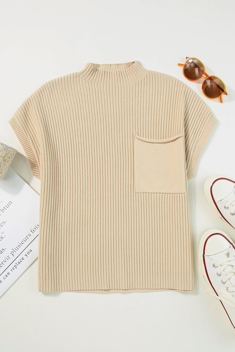 Oatmeal Patch Pocket Ribbed Knit Short Sleeve Sweater-Tops-MomFashion