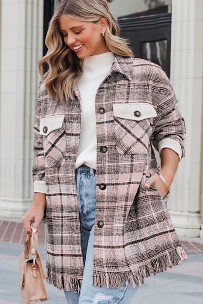 Pink Plus Size Macrame Plaid Coat-Plus Size-MomFashion