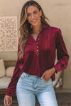 Burgundy Frilled Neck Buttoned Front Velvet Top-Tops-MomFashion