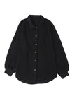 Black Waffle Knit Button Up Casual Shirt-Tops-MomFashion