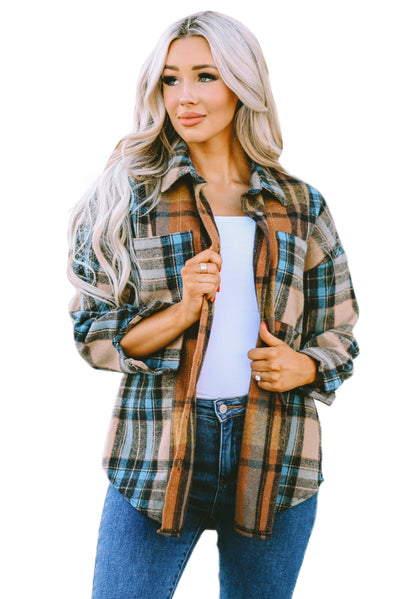 Brown Plaid Color Block Buttoned Shirt with Pockets-Tops-MomFashion