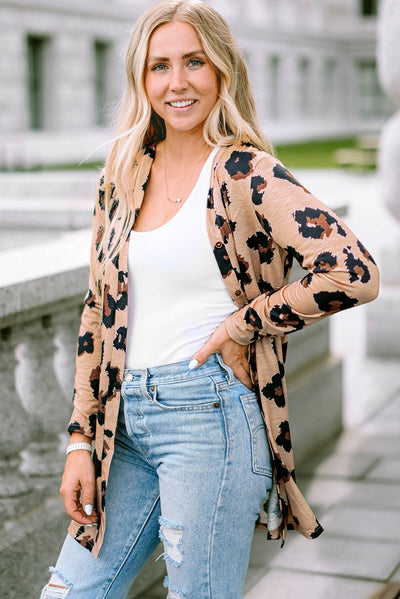 Leopard Printed Open Front Cardigan-Tops-MomFashion