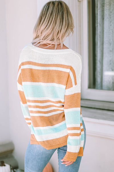 Multicolor Colorblock Stripe Long Sleeve Split Sweater-Tops-MomFashion