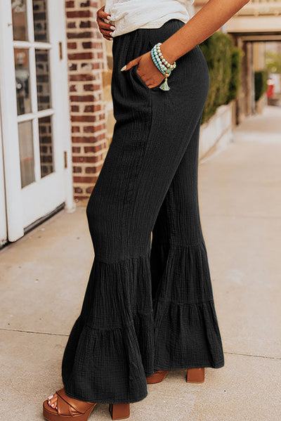 Black Textured High Waist Ruffled Bell Bottom Pants-Bottoms-MomFashion