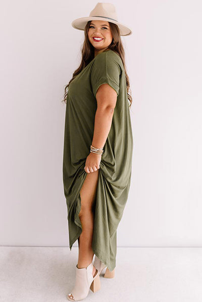 Green Plus Size V Neck Rolled Cuffs Maxi Dress-Plus Size-MomFashion