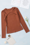 Brown Ribbed Peekaboo Cutout Long Sleeve Top-Tops-MomFashion