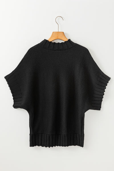 Black Mock Neck Batwing Short Sleeve Knit Sweater-Tops-MomFashion