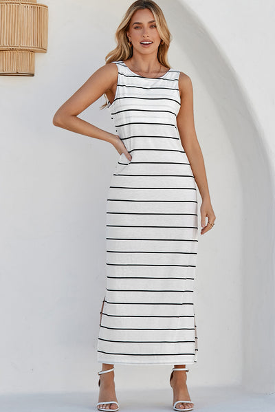 White Stripe Print Open Back Sleeveless Maxi Dress with Slits-Dresses-MomFashion