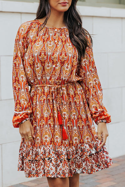 Orange Western Pattern Print Lantern Sleeve Drawstring Mini Dress-Dresses-MomFashion