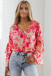 Pink Floral Print Tiered Bell Long Sleeve Buttoned Bodysuit-Tops-MomFashion