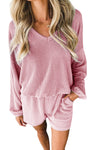 Pink Corded V Neck Slouchy Top Pocketed Shorts Set-Loungewear-MomFashion