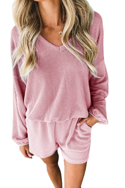 Pink Corded V Neck Slouchy Top Pocketed Shorts Set-Loungewear-MomFashion