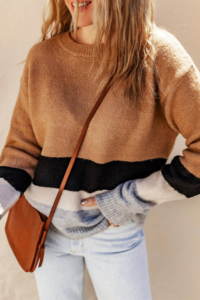 Brown Color Block Striped Ribbed Knit Sweater-Tops-MomFashion