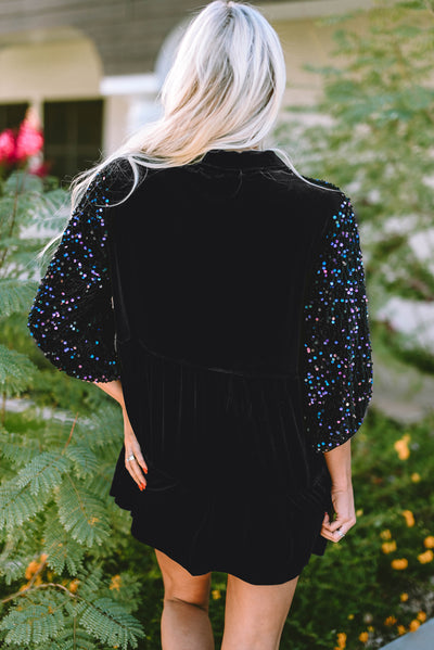 Black Sequin Puff Sleeve Buttoned Velvet Peplum Shirt-Tops-MomFashion