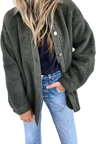 Gray Corduroy Trim Elbow Patch Sherpa Jacket-Outerwear-MomFashion