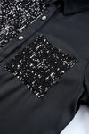 Black Sequin Splicing Pocket Buttoned Shirt Dress-Dresses-MomFashion