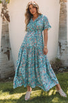 Sky Blue Paisley Print Boho Holiday Ruffle Tiered Maxi Dress-Dresses-MomFashion