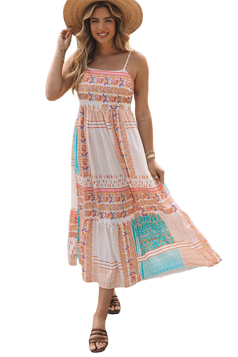 Multicolor Boho Patchwork Print Square Neck Sundress-Dresses-MomFashion