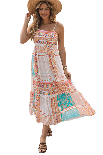 Multicolor Boho Patchwork Print Square Neck Sundress-Dresses-MomFashion