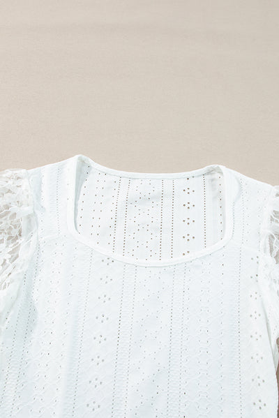 White Frenchy Contrast Lace Bishop Sleeve Bodysuit-Tops-MomFashion