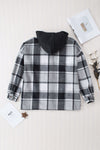 Gray Hooded Plaid Button Front Shacket-Outerwear-MomFashion