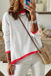 Gray Contrast Trimmed Striped Drop Shoulder Sweater-Tops-MomFashion