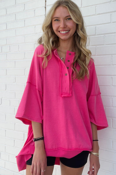 Rose Red Exposed Seam Button Neck Wide Sleeve Tunic Top-Tops-MomFashion