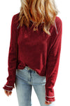 Fiery Red Textured Round Neck Long Sleeve Top-Tops-MomFashion