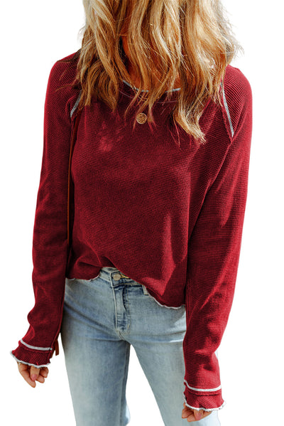 Fiery Red Textured Round Neck Long Sleeve Top-Tops-MomFashion