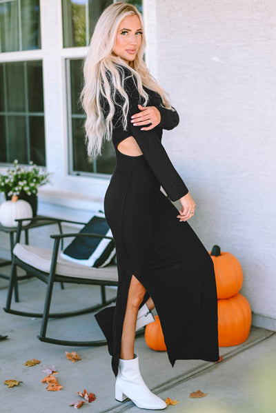 Black Ribbed Twist Cutout Long Sleeve Dress-Dresses-MomFashion