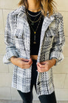 White Plaid Print Pocketed Shirt Jacket-Outerwear-MomFashion