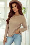 Khaki Ribbed Round Neck Knit Long Sleeve Top-Tops-MomFashion