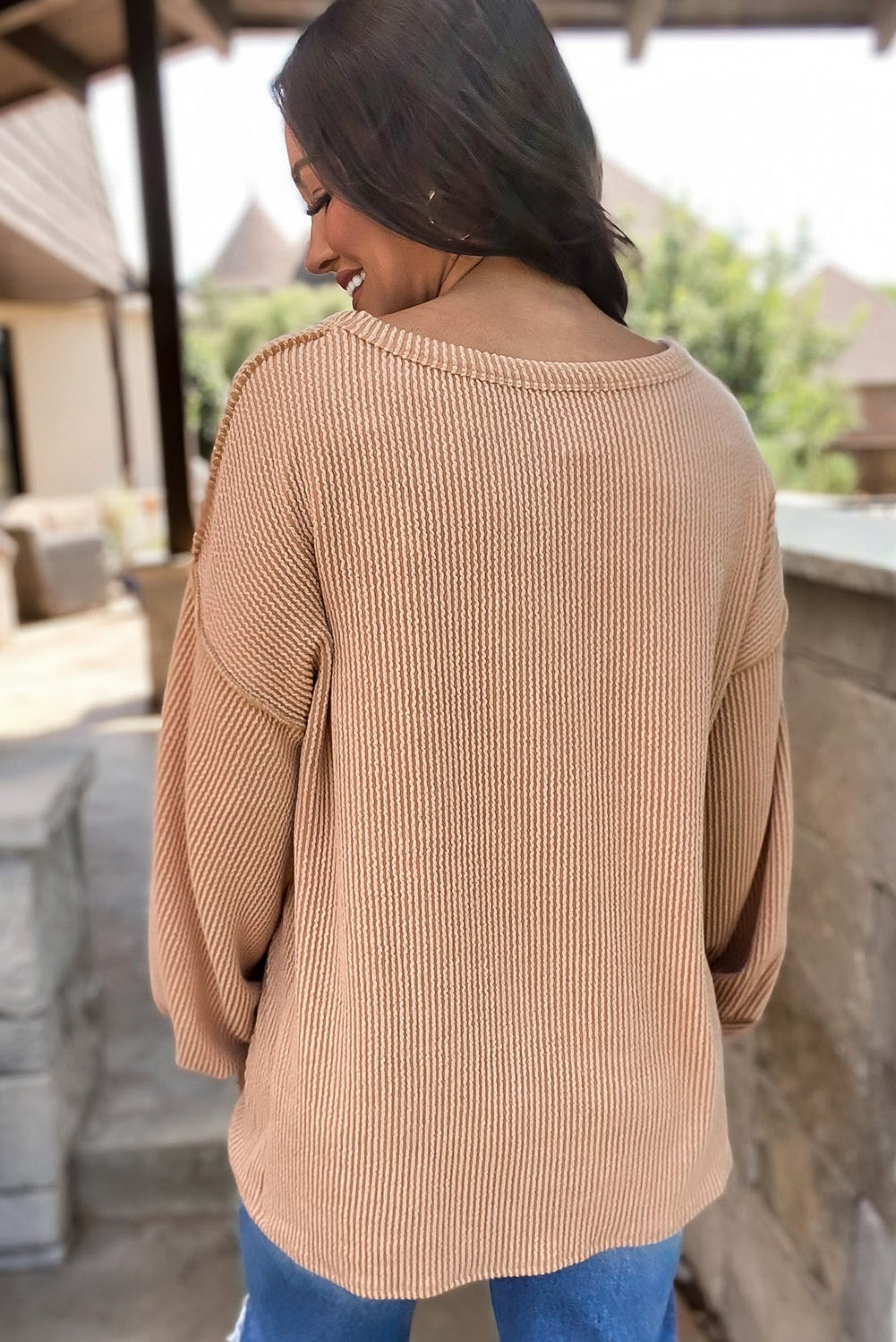 Light French Beige Colorblock Rib Corded Sweatshirt-Tops-MomFashion