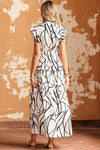 White Abstract Vein Print V Neck Ruffle Maxi Dress-Dresses-MomFashion