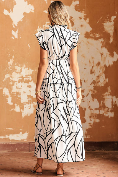 White Abstract Vein Print V Neck Ruffle Maxi Dress-Dresses-MomFashion